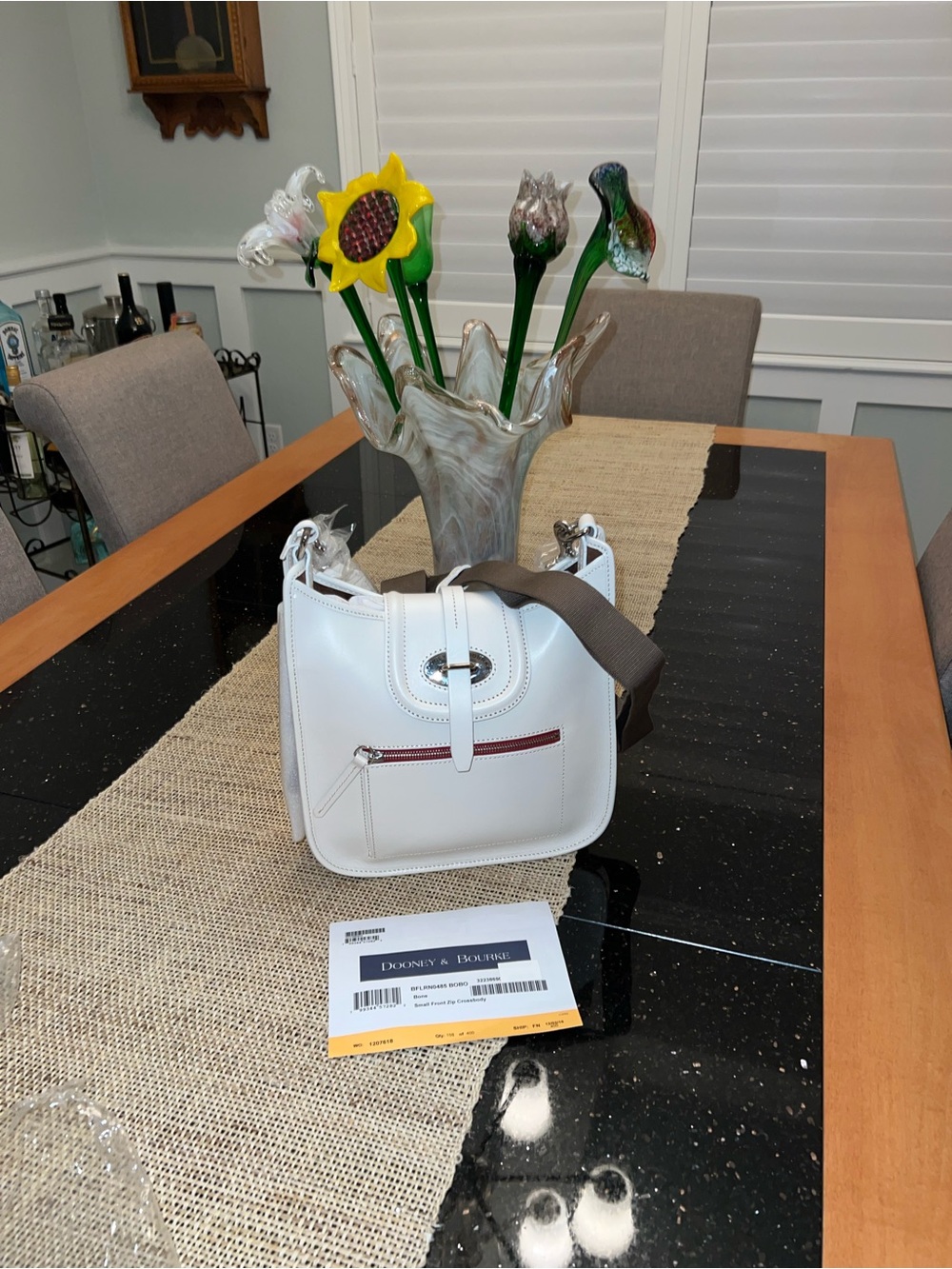 Dooney & Bourke White Leather Crossbody with Brown Strap and Red Zip
